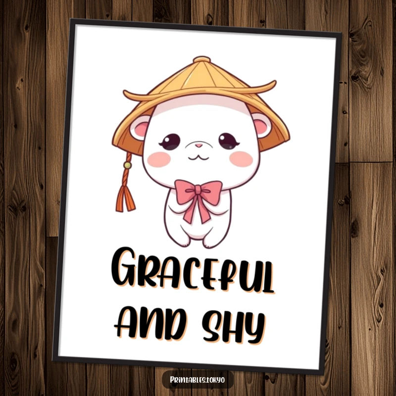 Funny cute creature wearing a traditional Japanese hat, bowing shyly, displayed as a charming poster. Adds gentle humor to wall decor.