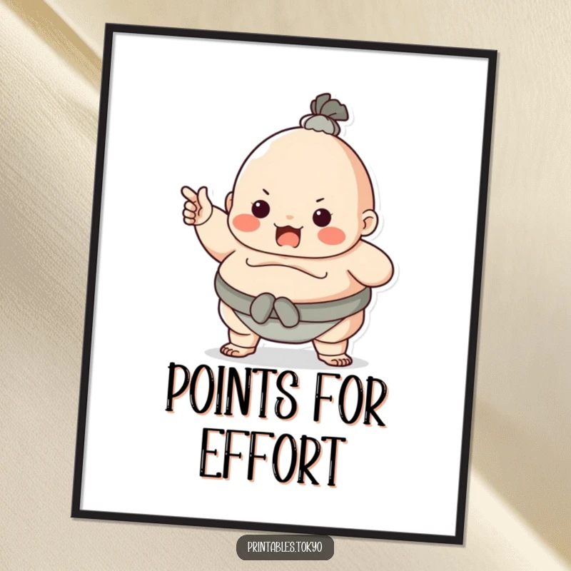 Funny character dressed as a sumo wrestler, playfully pointing, displayed as a dynamic poster. Adds bold humor to wall decor.