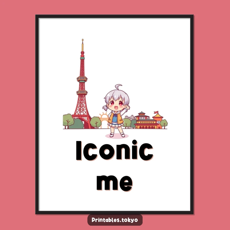 Funny Tokyo Landmark Poster: Character's Playful Visit, Whimsical Wall Art
