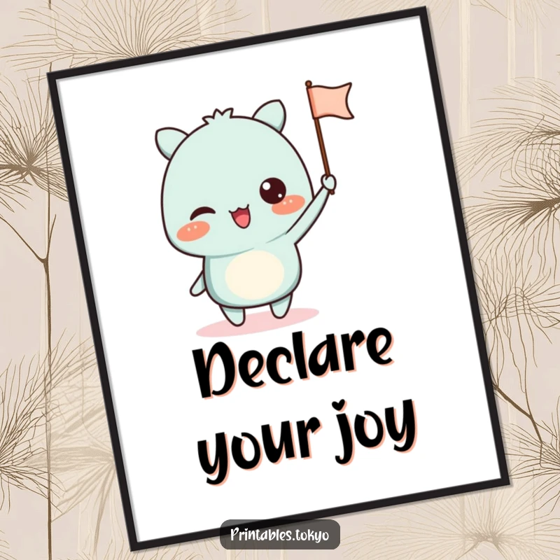 Funny poster art of an excited character energetically waving a small paper flag, adding spirited cheer to any room.