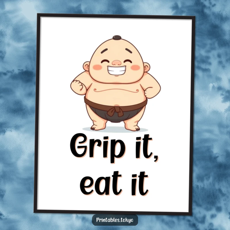 Funny poster art of a character in a powerful sumo wrestling stance, showcasing a confident, proud grin.