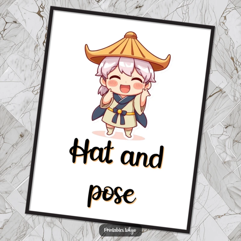 Funny poster print of a character in a Japanese hat performing a comical, exaggerated pose, full of personality and humor.