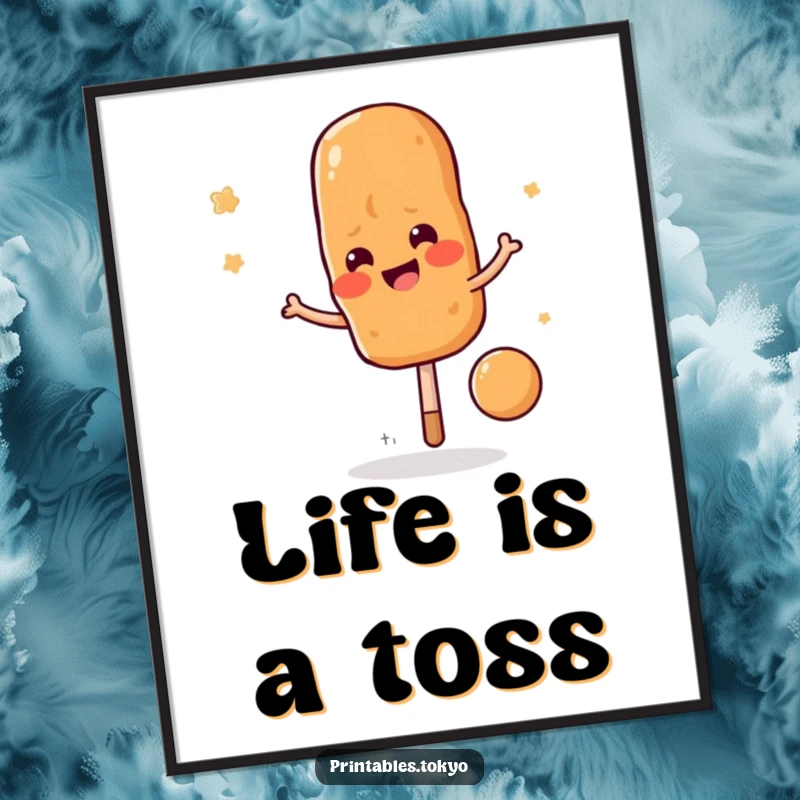 Funny yakitori skewer character bouncing like a ball on a poster, radiating playful energy, a delightful wall art gift.