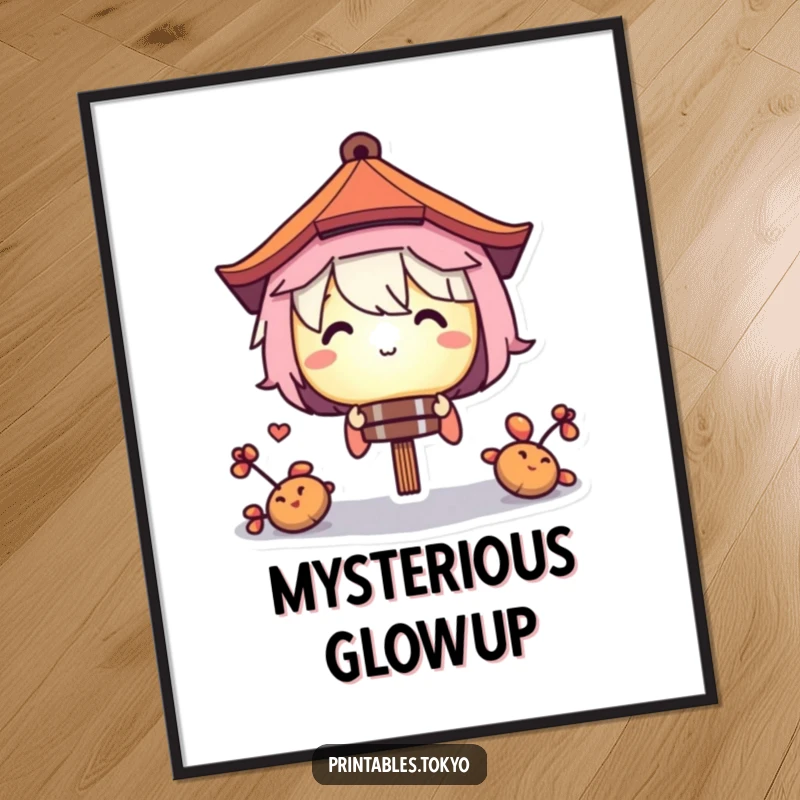 Funny poster print of a character subtly peeking from behind a softly glowing paper lantern, evoking curiosity and playful mystery.