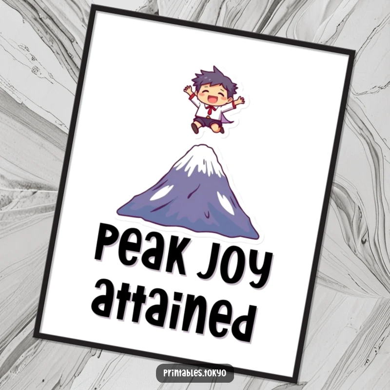 Funny Poster: A character joyfully leaps over Mount Fuji, creating a humorous and inspiring piece of wall art.