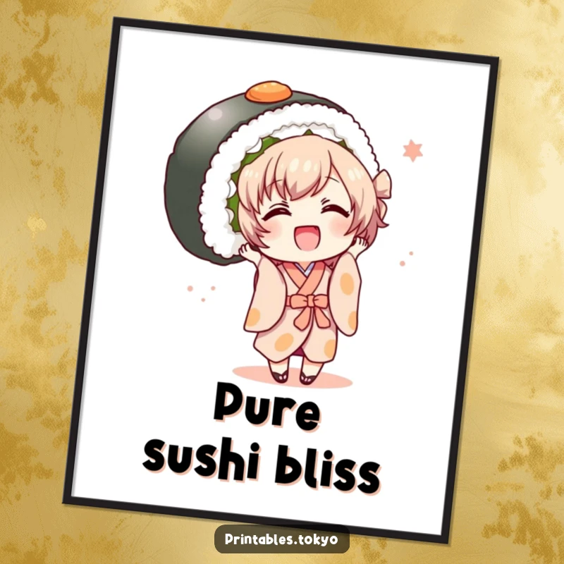 Funny small character in a kimono joyfully holding a large sushi roll, a humorous and delightful poster.