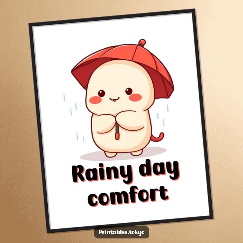 Funny dumpling character holding a tiny red umbrella and peeking out from a downpour, presented as wall art.