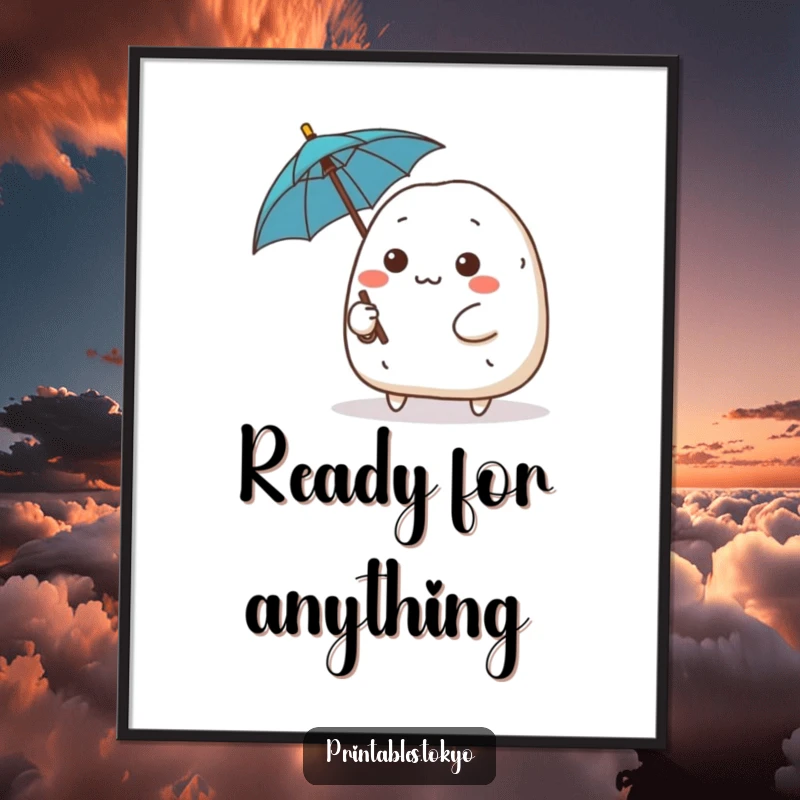 Funny cute onigiri character with a determined expression wielding a tiny umbrella, motivational wall art poster, brave and prepared design.