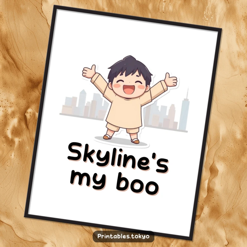 Funny city embrace poster, a character joyfully embracing a city skyline silhouette, a vibrant and humorous piece of art.