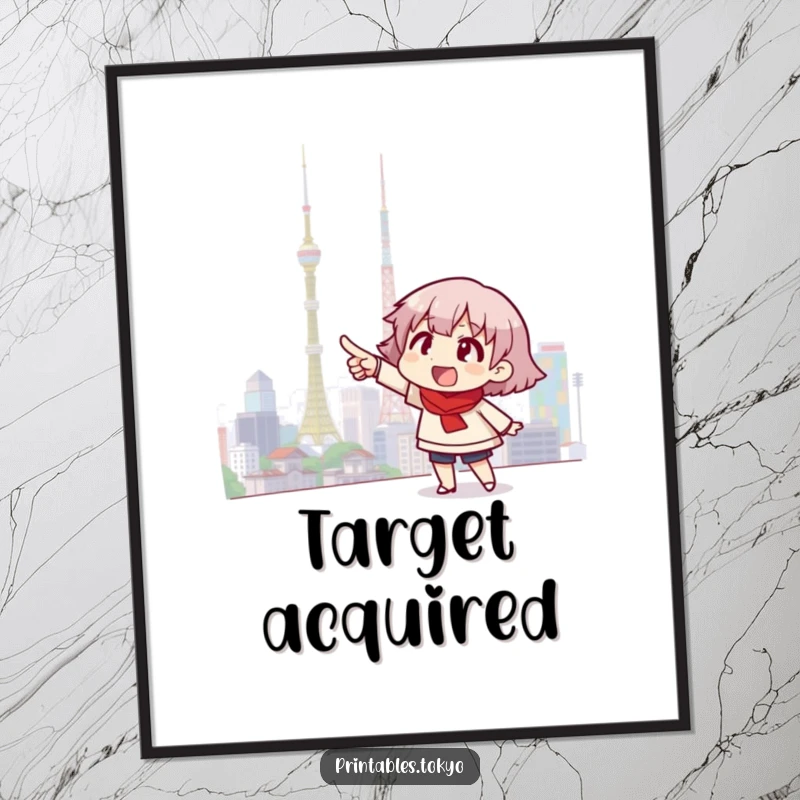 Funny poster capturing a character's excited point towards a luminous Tokyo skyline, perfect for adding urban flair to decor.