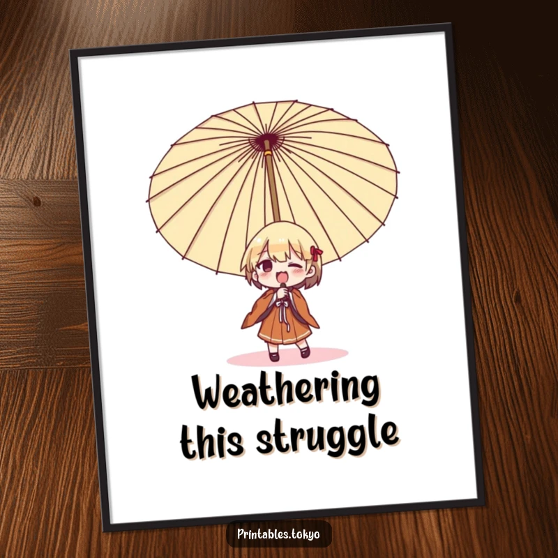 Funny umbrella struggle poster, depicting a character in a comical battle with a giant Japanese umbrella, adding humor to walls.