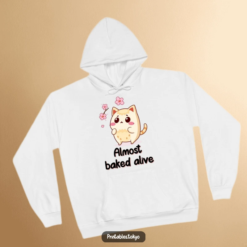 Funny surprised taiyaki character with wagging tail, avoiding a falling cherry blossom, depicted on a cozy hoodie.