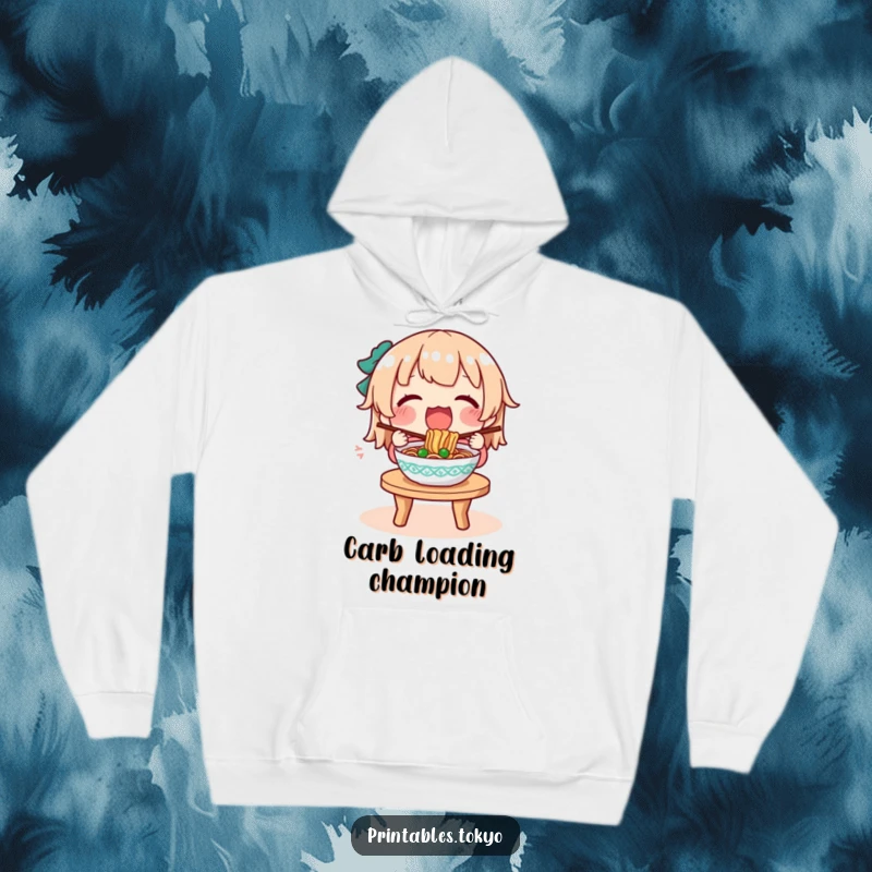Funny hoodie featuring a character with eyes closed in delight, eating a steamy bowl of noodles at a small table.