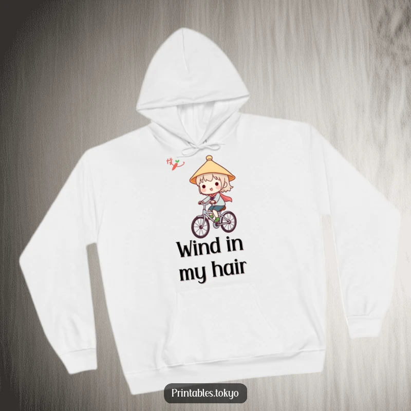 Funny hoodie showcasing a cute character in a Japanese hat, happily riding a bicycle for ultimate comfort and style.