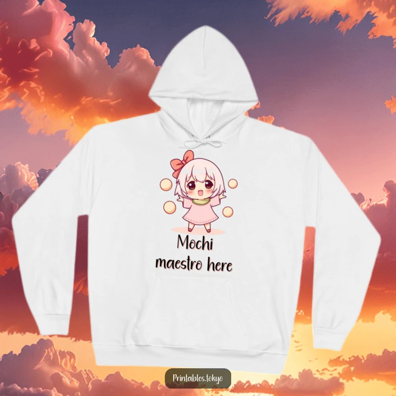 Funny hoodie featuring a happy character juggling round mochi balls, radiating warmth, comfort, and a love for sweet treats.