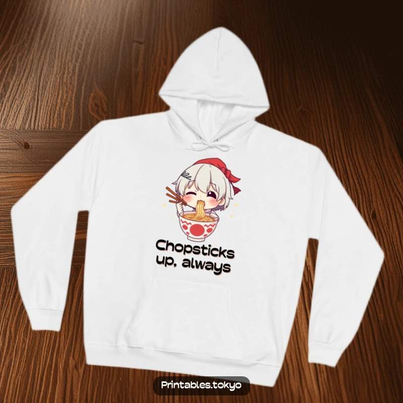 Funny hoodie design of a character enthusiastically eating ramen, chopsticks held high in a moment of pure joy.