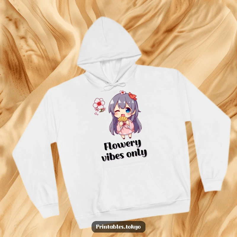 Funny cherry blossom fan hoodie with a delightful character joyfully waving a small fan featuring a beautiful cherry blossom motif, cozy and cheerful.