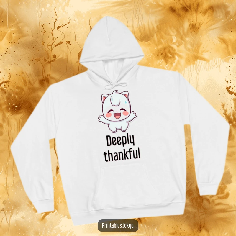 Funny hoodie showing a character's deeply appreciative and cheerful bow, perfect for cozy moments and spreading kindness.