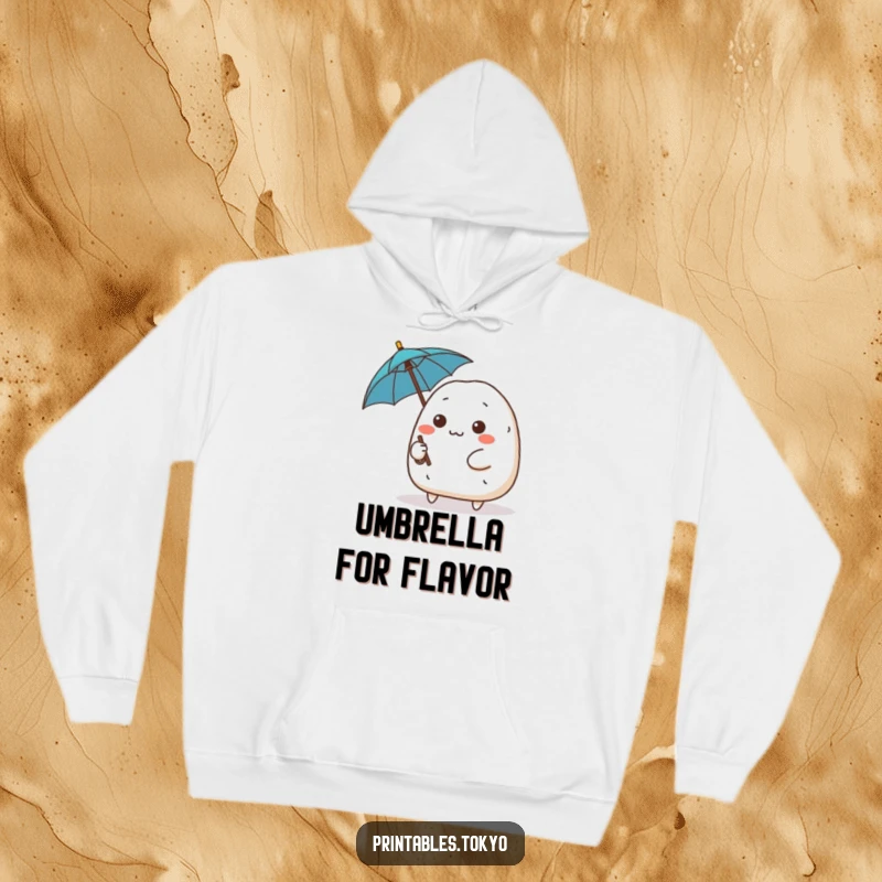 Funny cute onigiri character with a determined expression wielding a tiny umbrella, cozy hoodie, brave and prepared comfort.