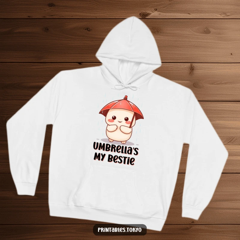 Funny hoodie featuring a cute dumpling character holding a tiny red umbrella, peeking out from the rain, offering warmth and humor.