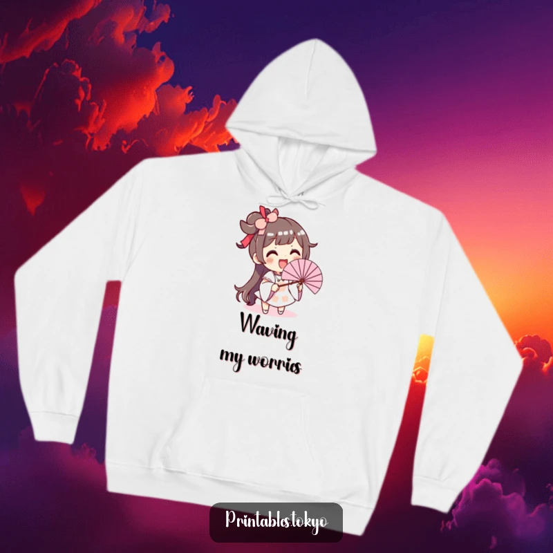 Funny hoodie depicting an excited character with a big smile, waving an oversized fan in a comical manner.