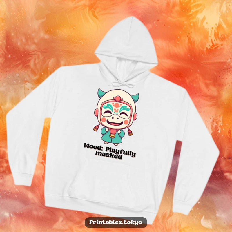 Funny hoodie featuring a character wearing a small festival mask and making a funny, expressive face.