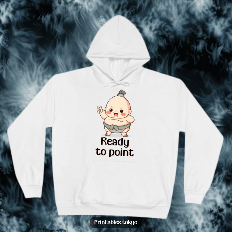 Funny character dressed as a sumo wrestler, playfully pointing, designed on a comfortable hoodie. Combines warmth with bold humor.