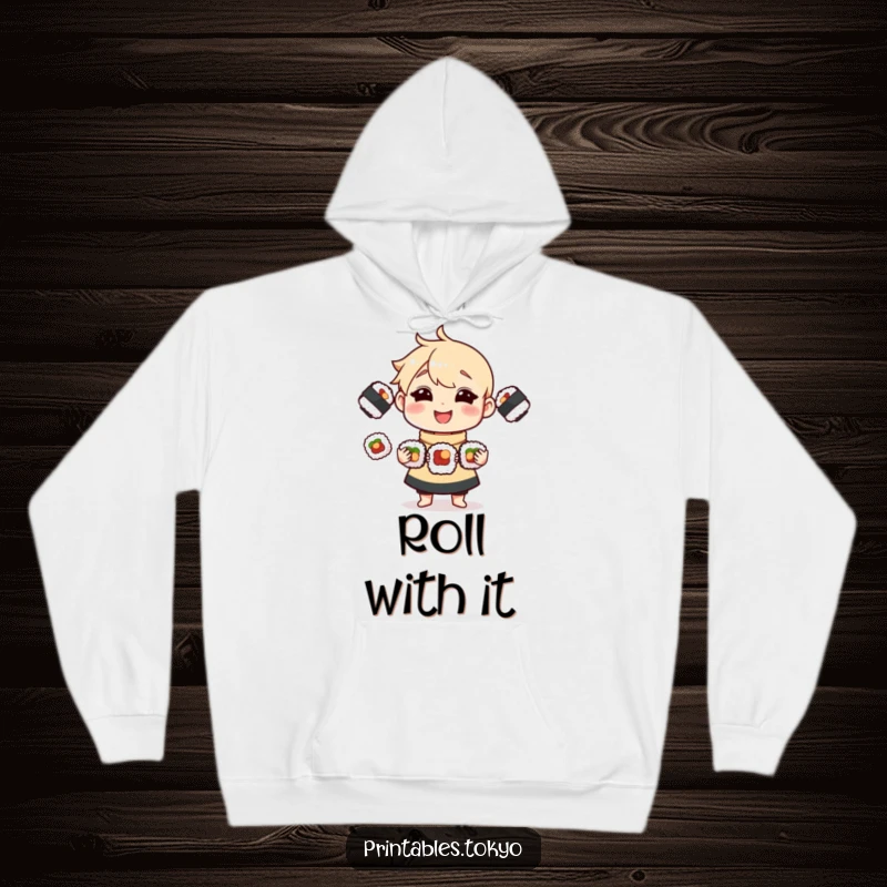 Funny Hoodie featuring a cheerful character expertly juggling three delectable sushi rolls, ideal for cozy, humorous wear.