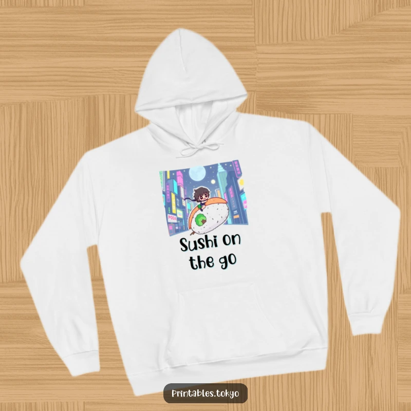 Funny hoodie depicting a character enjoying a ride on a giant sushi roll through a vibrant, illuminated neon city.