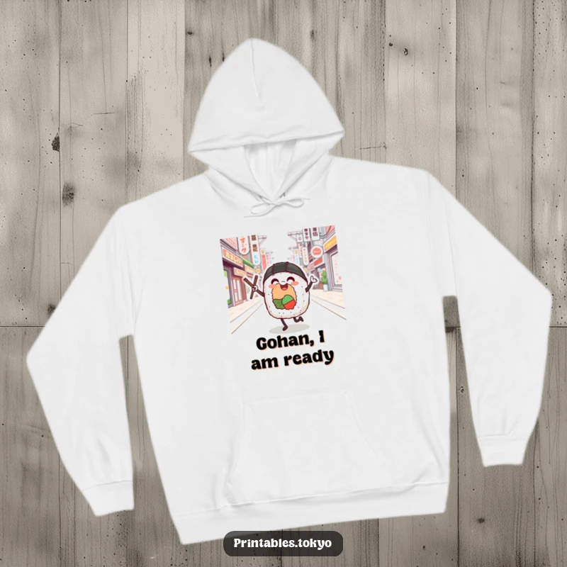 Funny sushi roll character dancing joyfully on a Tokyo street, depicted on a cozy hoodie for ultimate comfort.