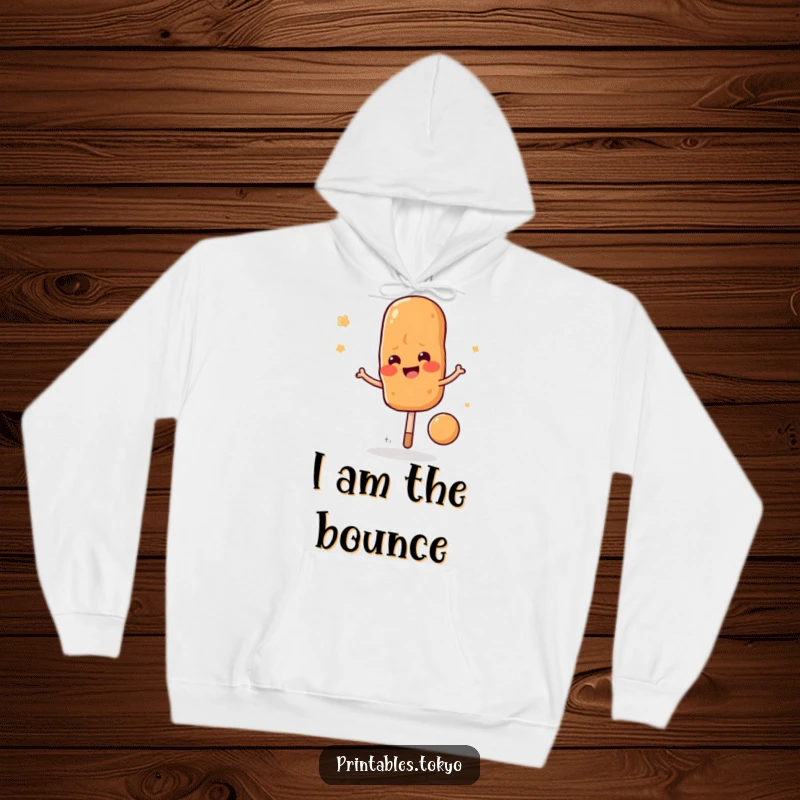 Funny yakitori skewer character wearing a hoodie, bouncing joyfully, a soft and funny gift for cozy moments.
