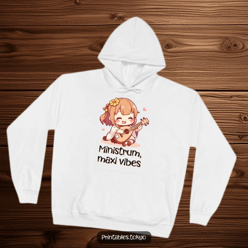Funny shamisen player hoodie, featuring a happy character strumming a miniature shamisen, a warm and humorous apparel choice.