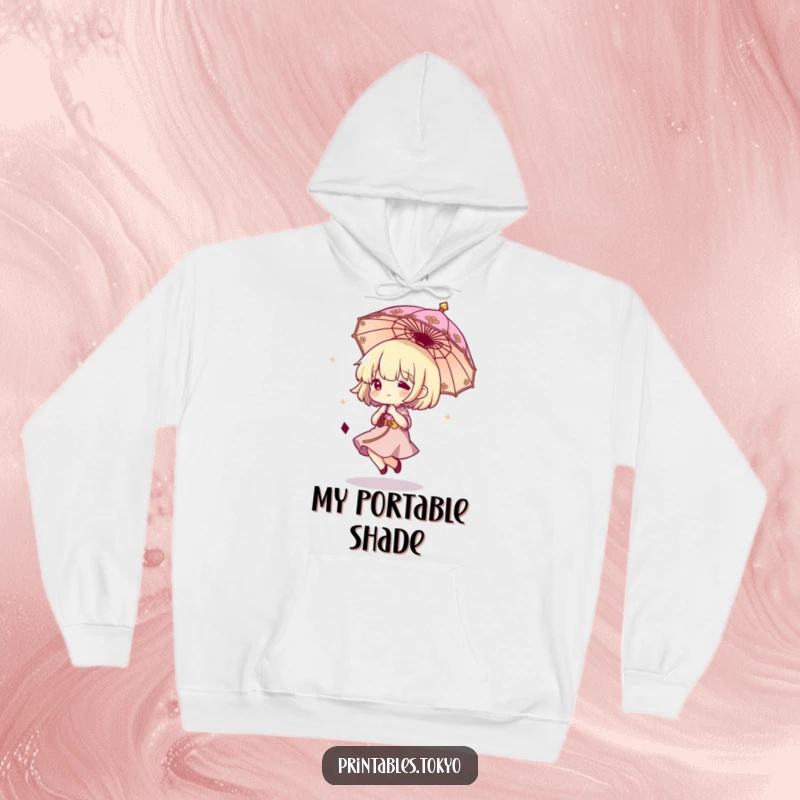 Funny hoodie design of a cute character enthusiastically bouncing a miniature, decorative umbrella, radiating happiness and playful energy.