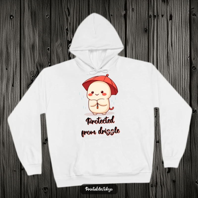 Funny and cute dumpling character with a tiny red umbrella, sheltering from the rain, depicted on a warm hoodie.