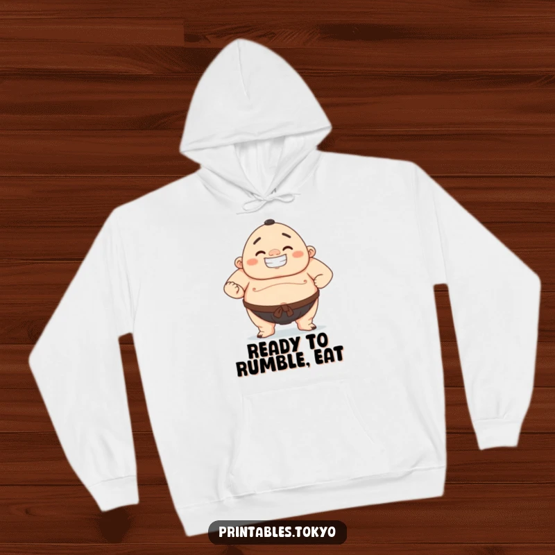 Funny hoodie design of a character in a confident sumo stance, sporting a large, proud grin.