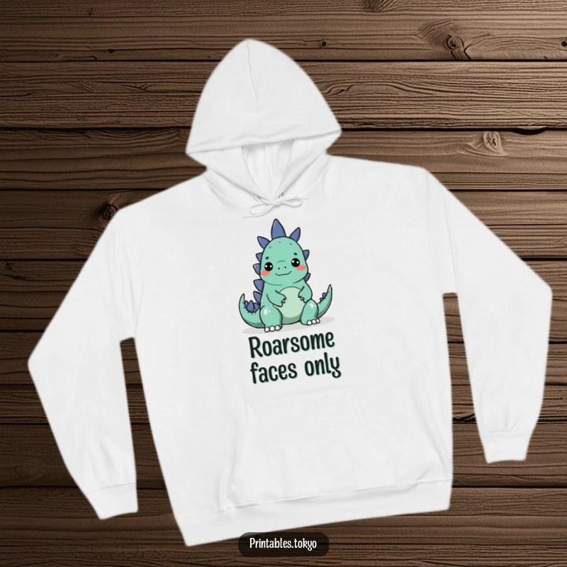 Funny hoodie featuring a character making a silly face to surprise a small, cartoonish Godzilla, cozy and amusing.