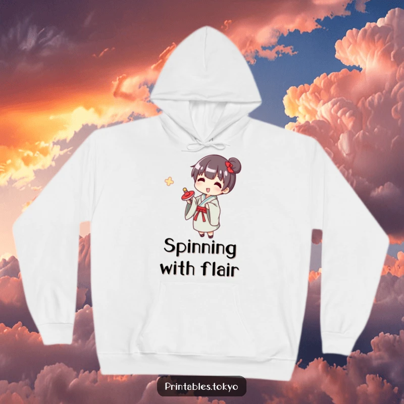 Funny yukata spinner hoodie, a character wearing a yukata, happily spinning a spinning top, offering warmth and nostalgic charm.