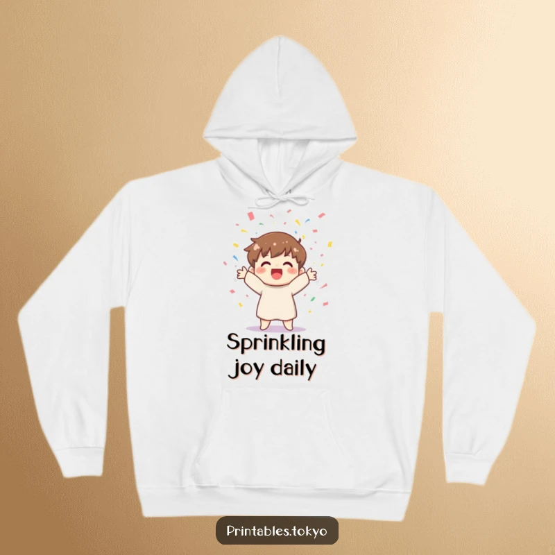 Funny hoodie with a cheerful character joyfully tossing colorful confetti, offering warmth and a festive vibe.