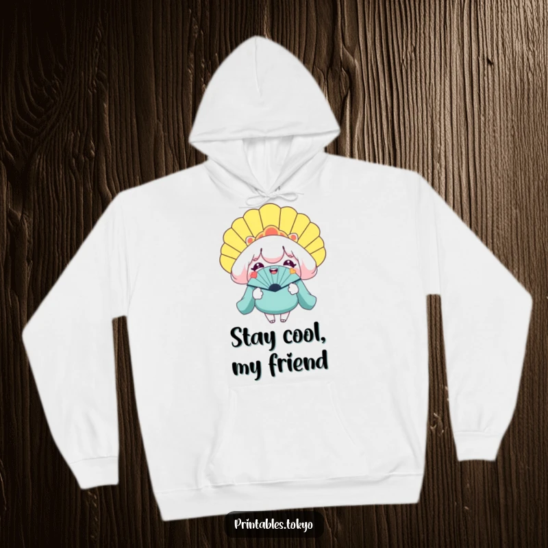 Funny hoodie with a smiling character holding a gigantic novelty fan, symbolizing cool comfort and humor.