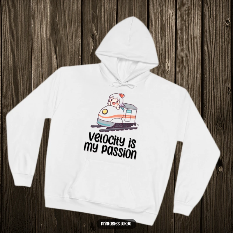 Funny hoodie showing a cute character joyfully speeding along on a small, whimsical bullet train.