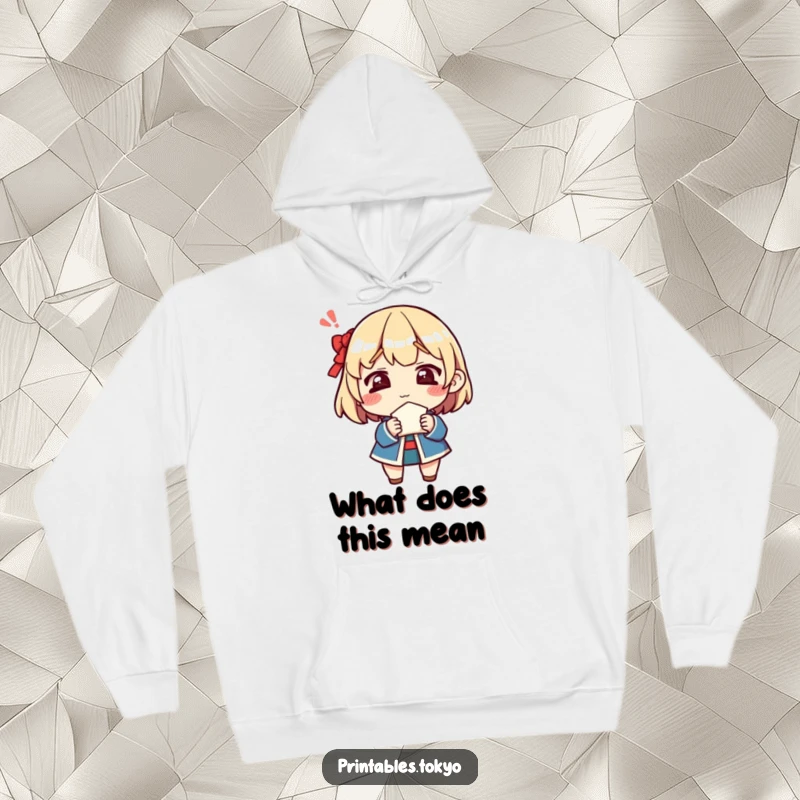 Funny hoodie featuring a character's puzzled expression while holding a fortune cookie, perfect for cozy contemplation and humor.