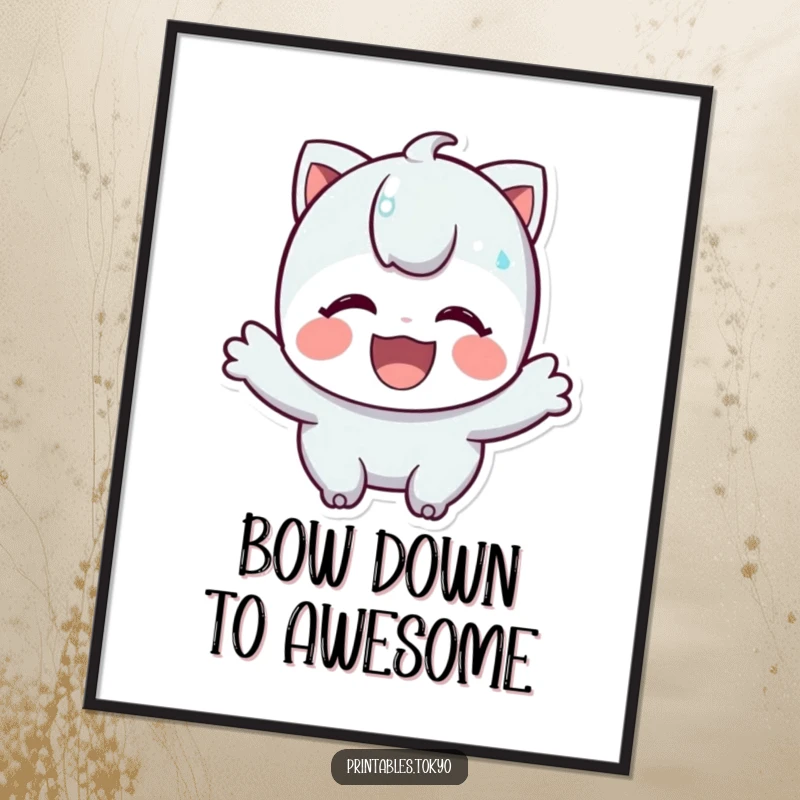 Funny Free Printable Wall Art: A character with an infectious grin, performing a polite and cheerful bow, radiating warmth and charm.