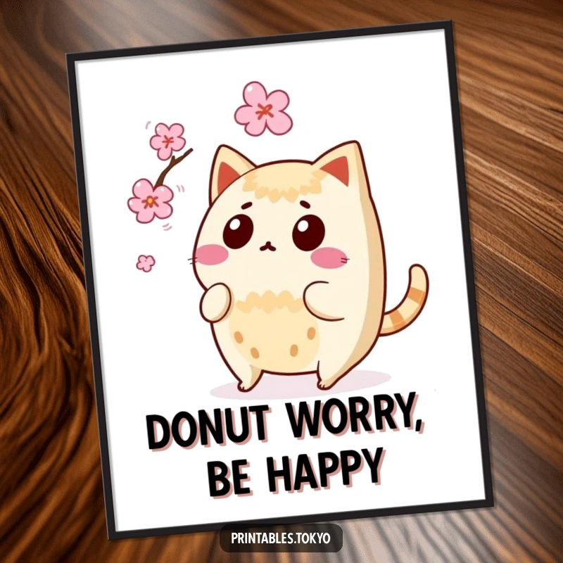Funny Free Printable Wall Art: Surprised taiyaki character, tail wagging, comically dodges a falling cherry blossom.