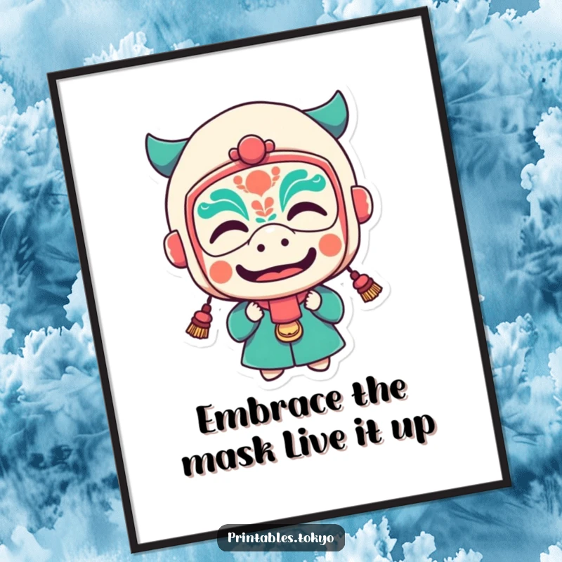 Funny Free Printable Wall Art: Character adorned in a tiny festival mask, making a comically exaggerated funny face, full of mischief.