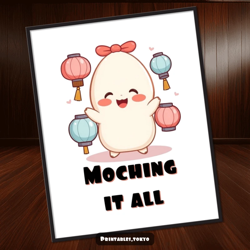 Funny Free Printable Wall Art: Cheerful mochi character with rosy cheeks skillfully juggles glowing lanterns.