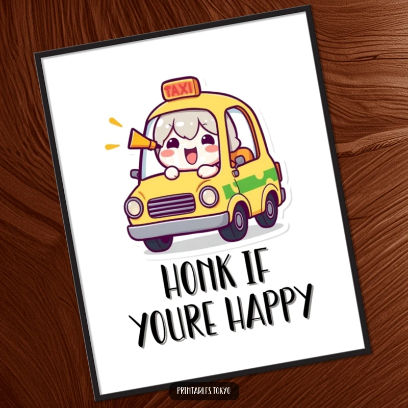 Funny Free Printable Wall Art: a cheerful character in a tiny taxi honking its horn, adding vibrant humor to any room.