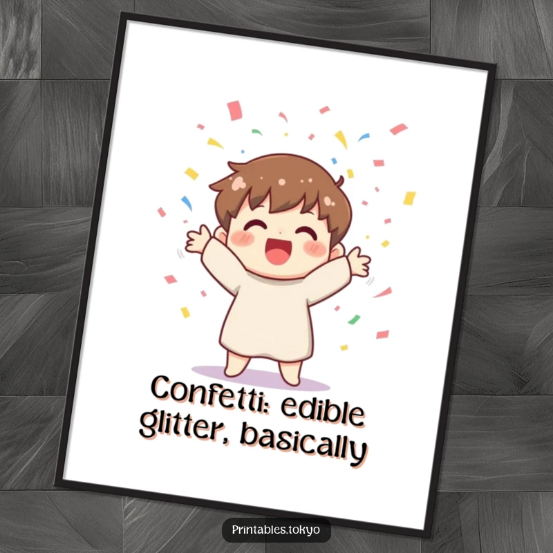 Funny Free Printable Wall Art: Ecstatic character joyfully showering the viewer with vibrant, colorful confetti.