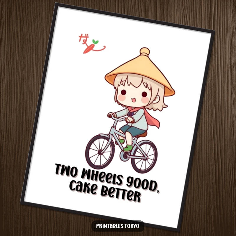 Funny Free Printable Wall Art: Cute character in a tiny Japanese hat happily riding a bicycle, bringing cheerful vibes.