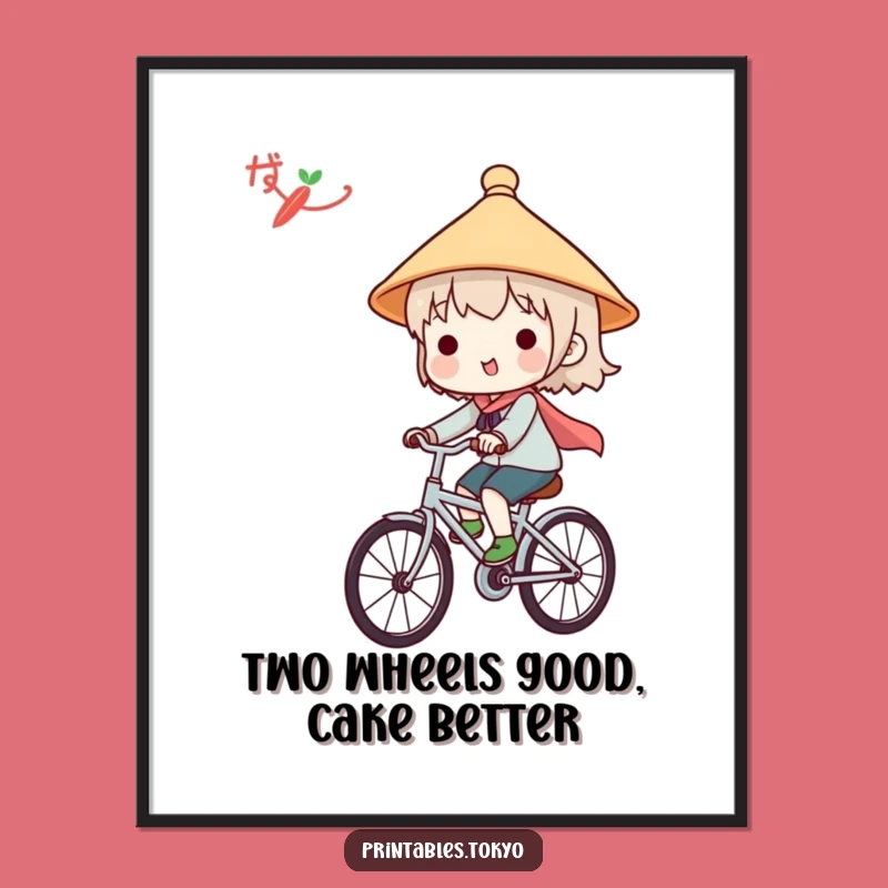 Free Printable Wall Art: Cute Japanese Hat Bicycle Character Funny Downloadable Decor