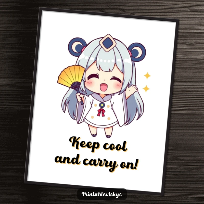 Funny Free Printable Wall Art of a character energetically waving a small, colorful fan, bringing a lively and decorative touch.